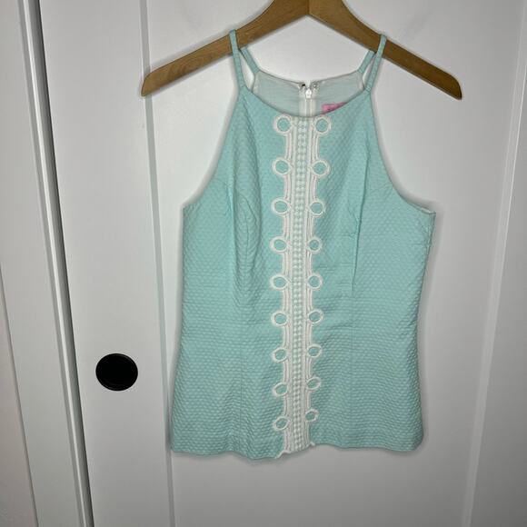 Lilly Pulitzer Annabelle Teal Blue Embroidered Stripe Halter Tank Top Size 2 - Picture 1 of 7